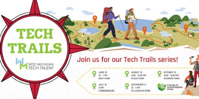 An illustrated promotional graphic for the "Tech Trails" series by West Michigan Tech Talent. The center of the image features a compass with "TECH TRAILS" written inside